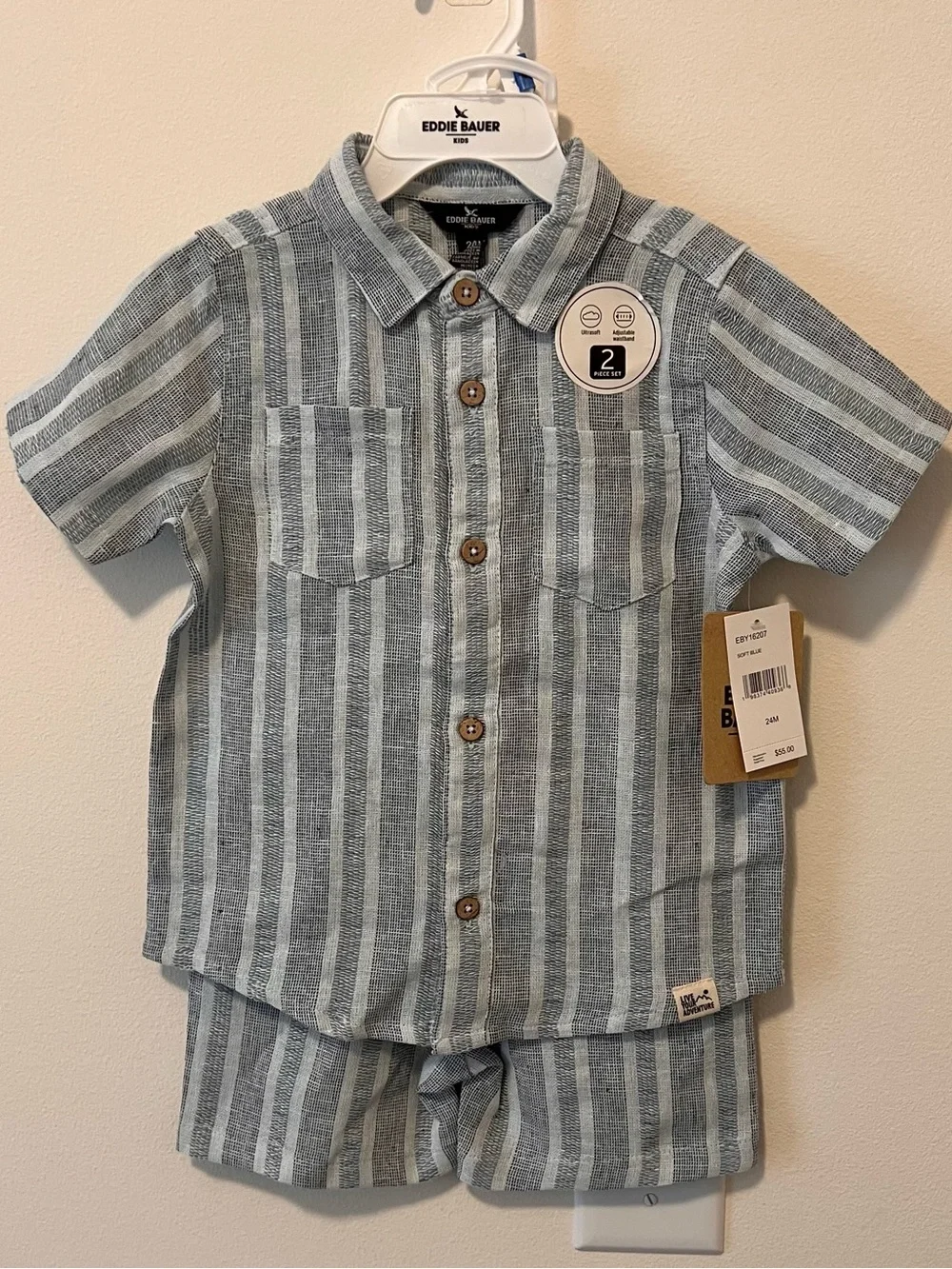 Eddie Bauer Kids Blue Striped Button-Up Shirt With Matching Shorts. Size 24M NWT